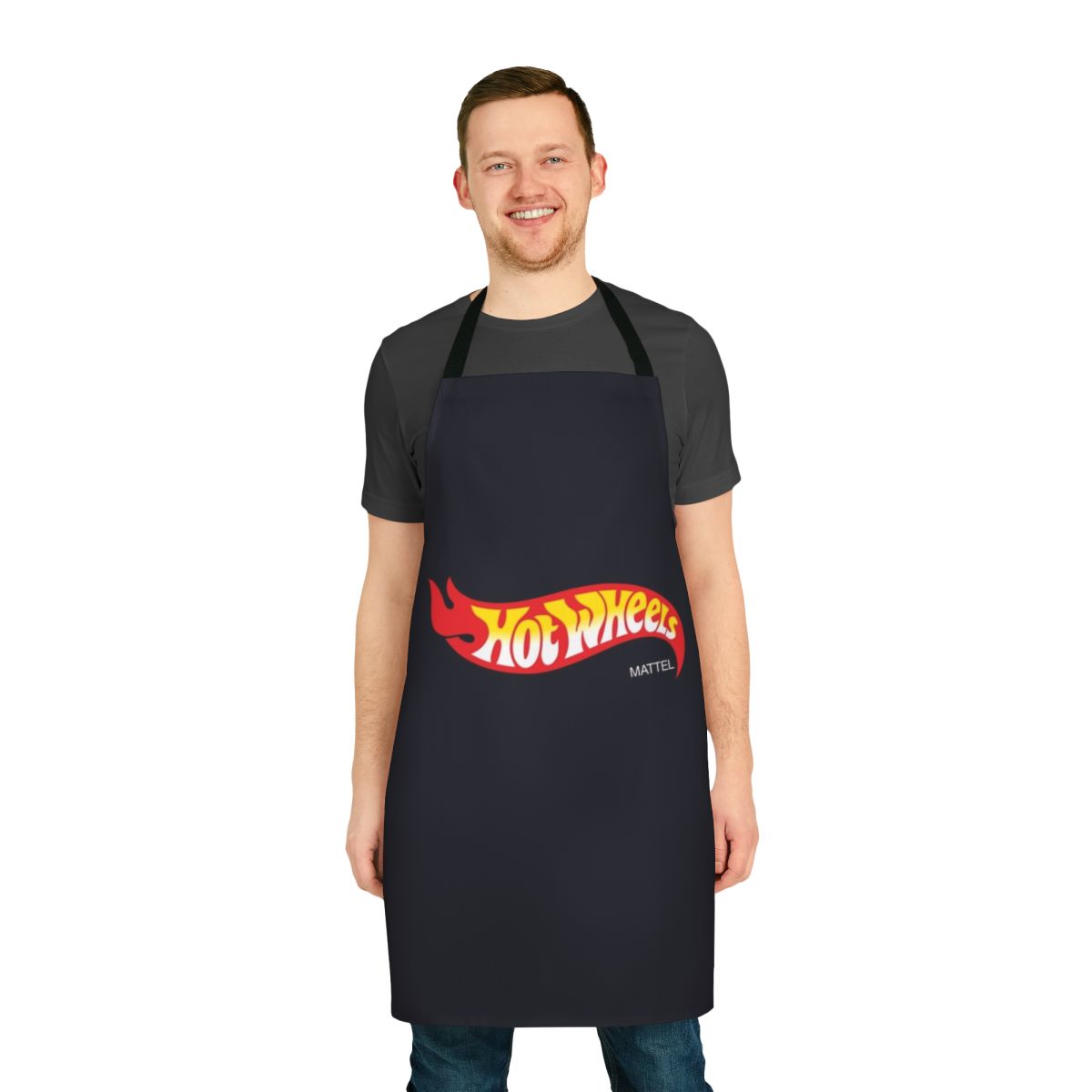 Automotive themed t-shirt apron featuring the Hot Wheels logo and design
