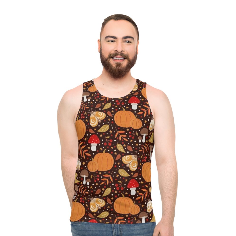 Autumn elements unisex tank top featuring nature-inspired patterns