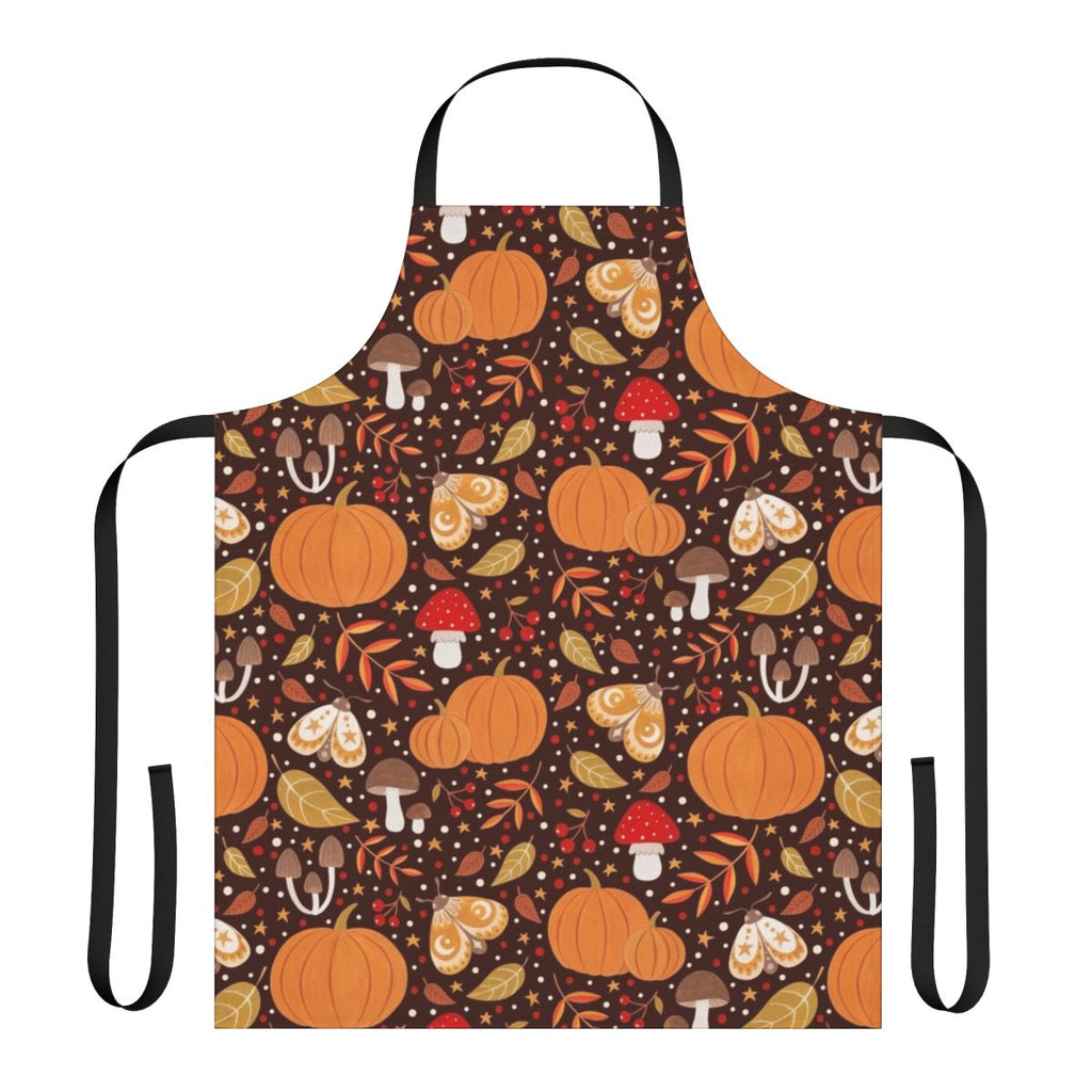 Colorful autumn-themed apron featuring leaves, berries, pumpkins, and other natural elements in a gouache style illustration.