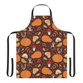 Colorful autumn-themed apron featuring leaves, berries, pumpkins, and other natural elements in a gouache style illustration.