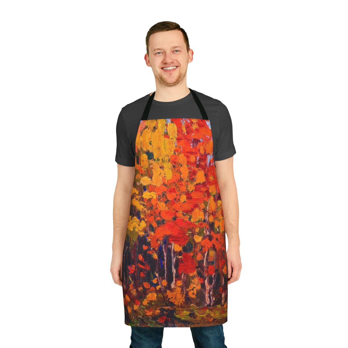 "Autumn forest landscape apron inspired by the paintings of Canadian artist Tom Thomson"