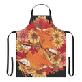 Apron featuring illustrations of red foxes, sunflowers, pinecones, and fall leaves