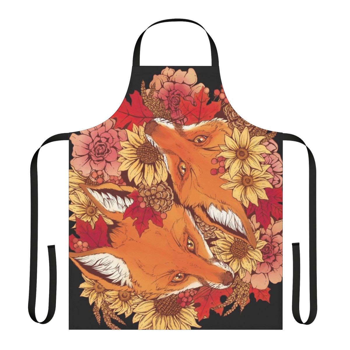Apron featuring illustrations of red foxes, sunflowers, pinecones, and fall leaves
