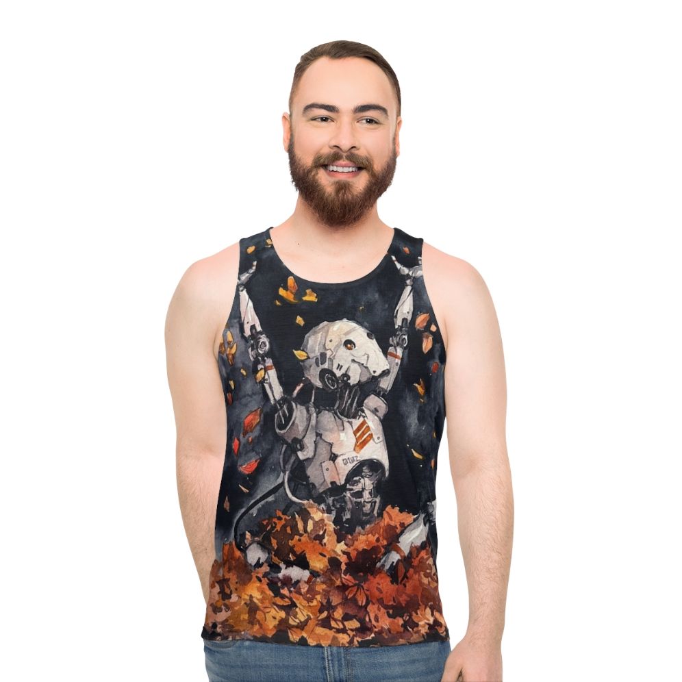 Autumn Fun Unisex Watercolor Tank Top with Nature Robot Design