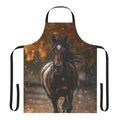Silhouette of a trotting horse in a rainy autumn scene on an apron.