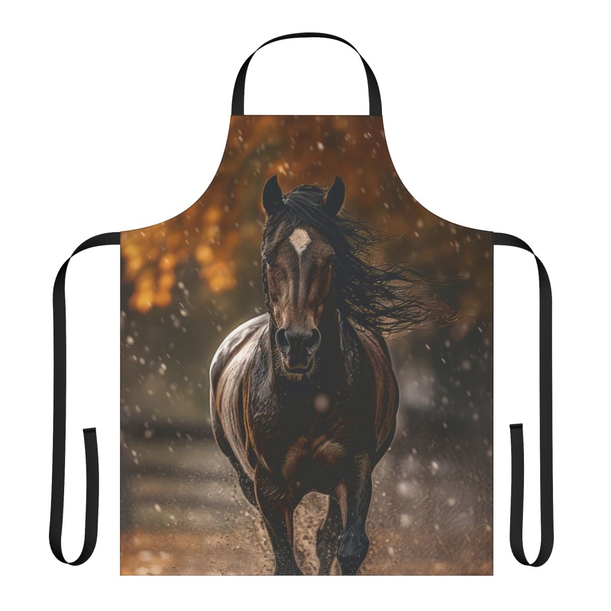 Silhouette of a trotting horse in a rainy autumn scene on an apron.