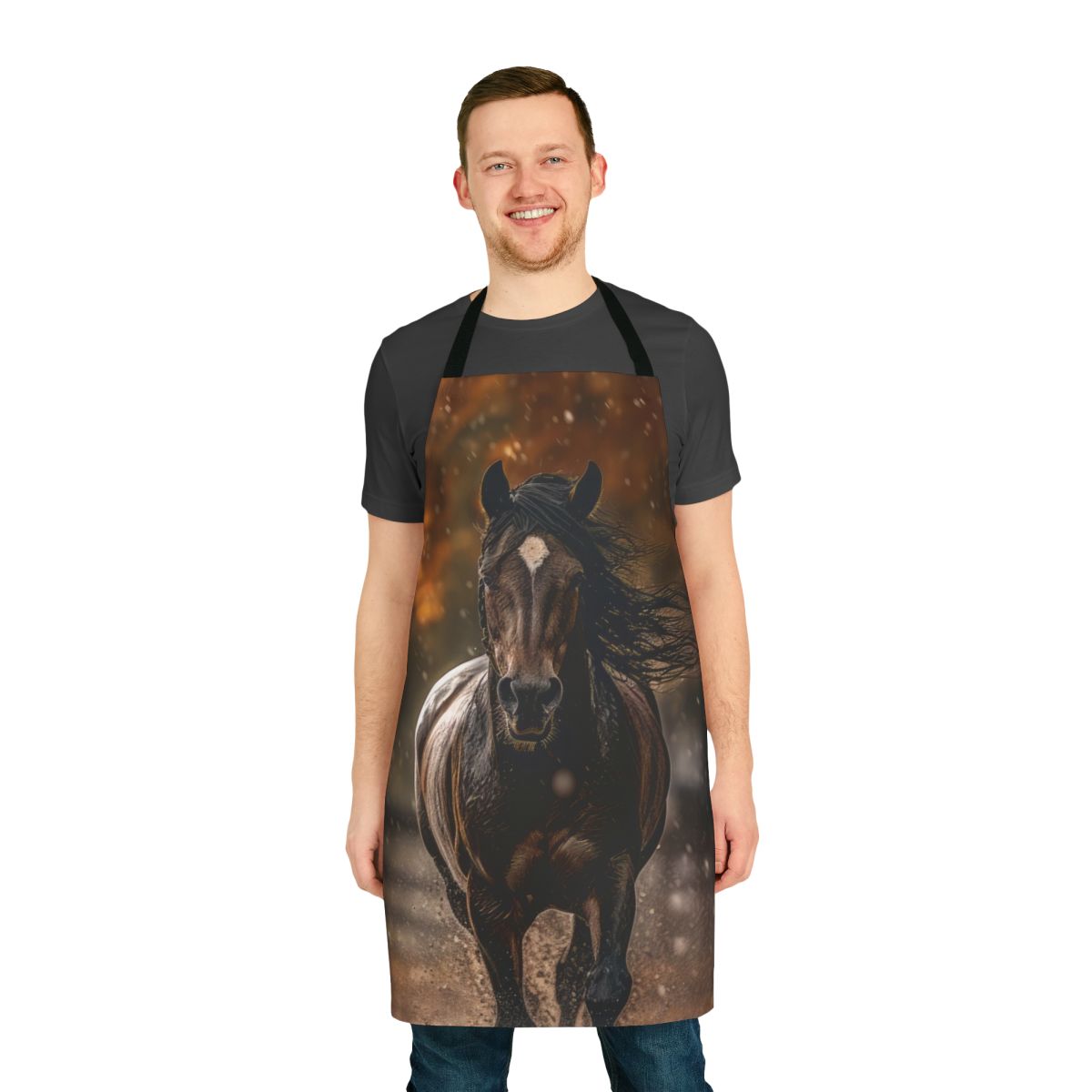 Silhouette of a trotting horse in a rainy autumn scene on an apron.