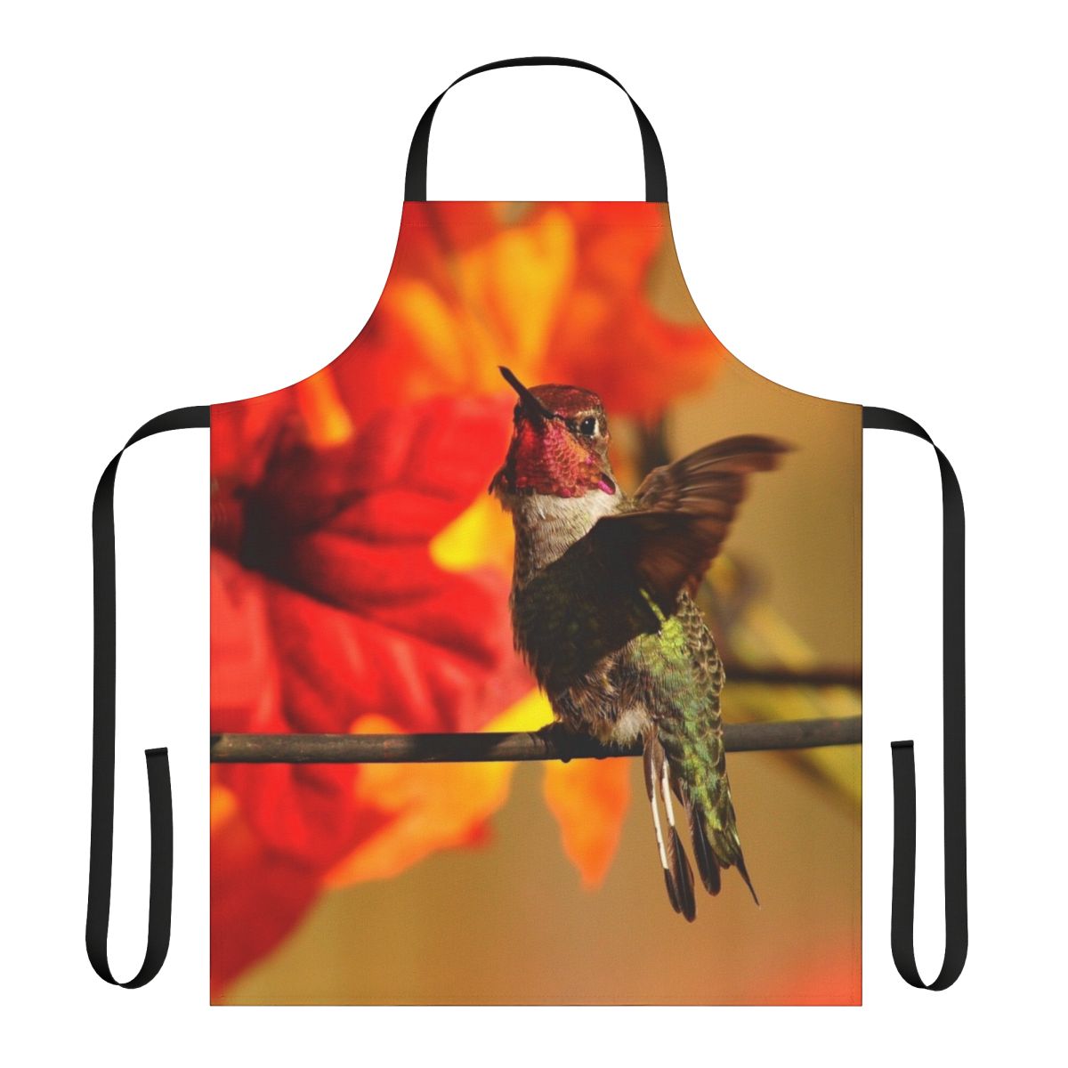 Autumn themed apron featuring a beautiful hummingbird design, ideal for kitchen or garden use.