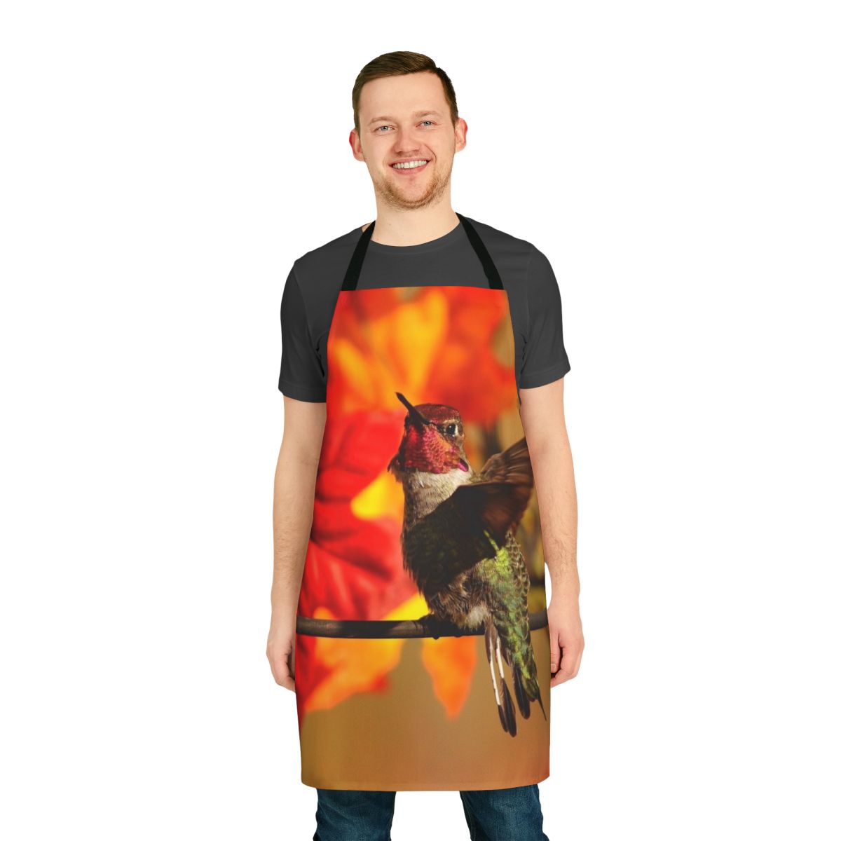 Autumn themed apron featuring a beautiful hummingbird design, ideal for kitchen or garden use.