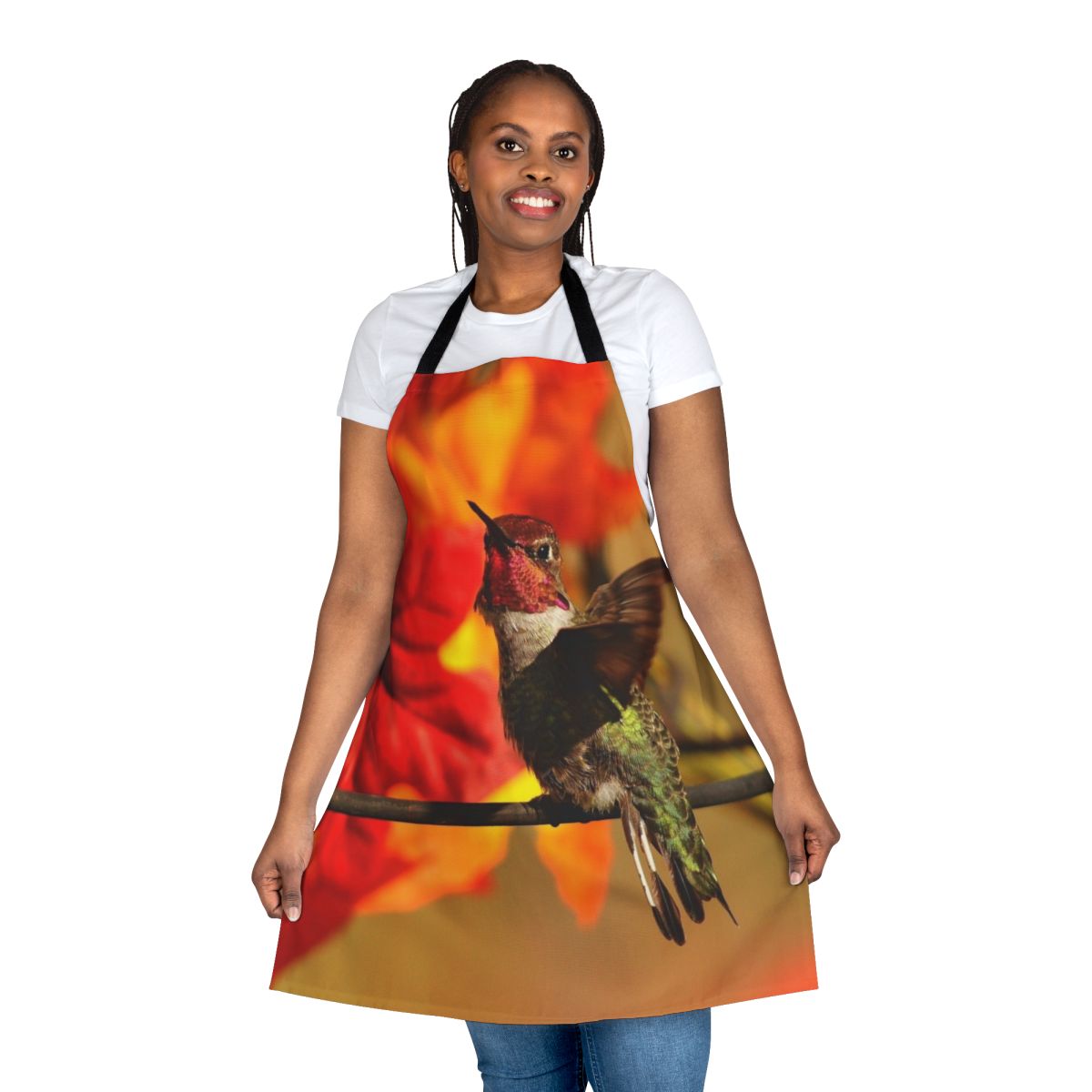 Autumn themed apron featuring a beautiful hummingbird design, ideal for kitchen or garden use.
