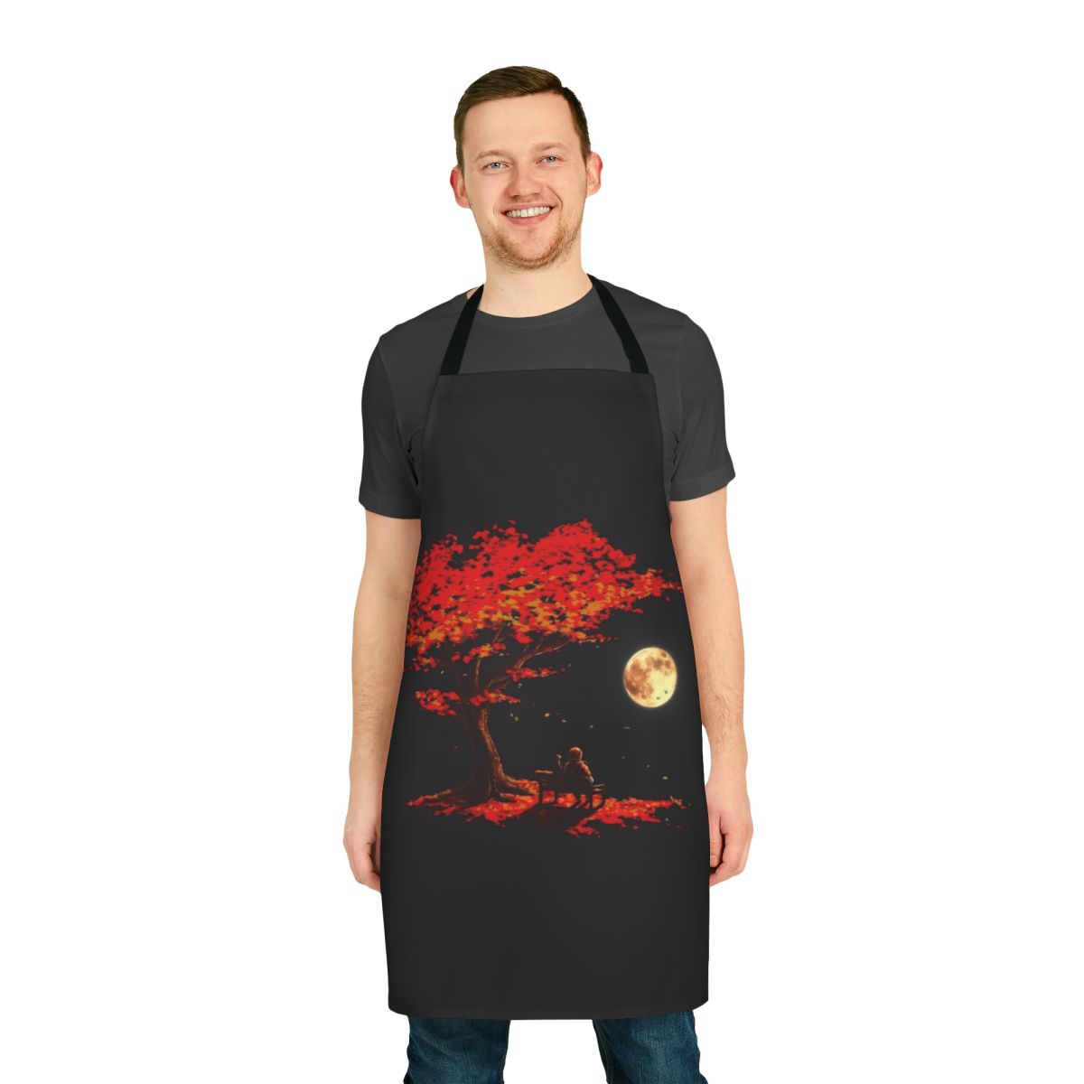 A high-quality apron featuring an autumn moon and nature-inspired design
