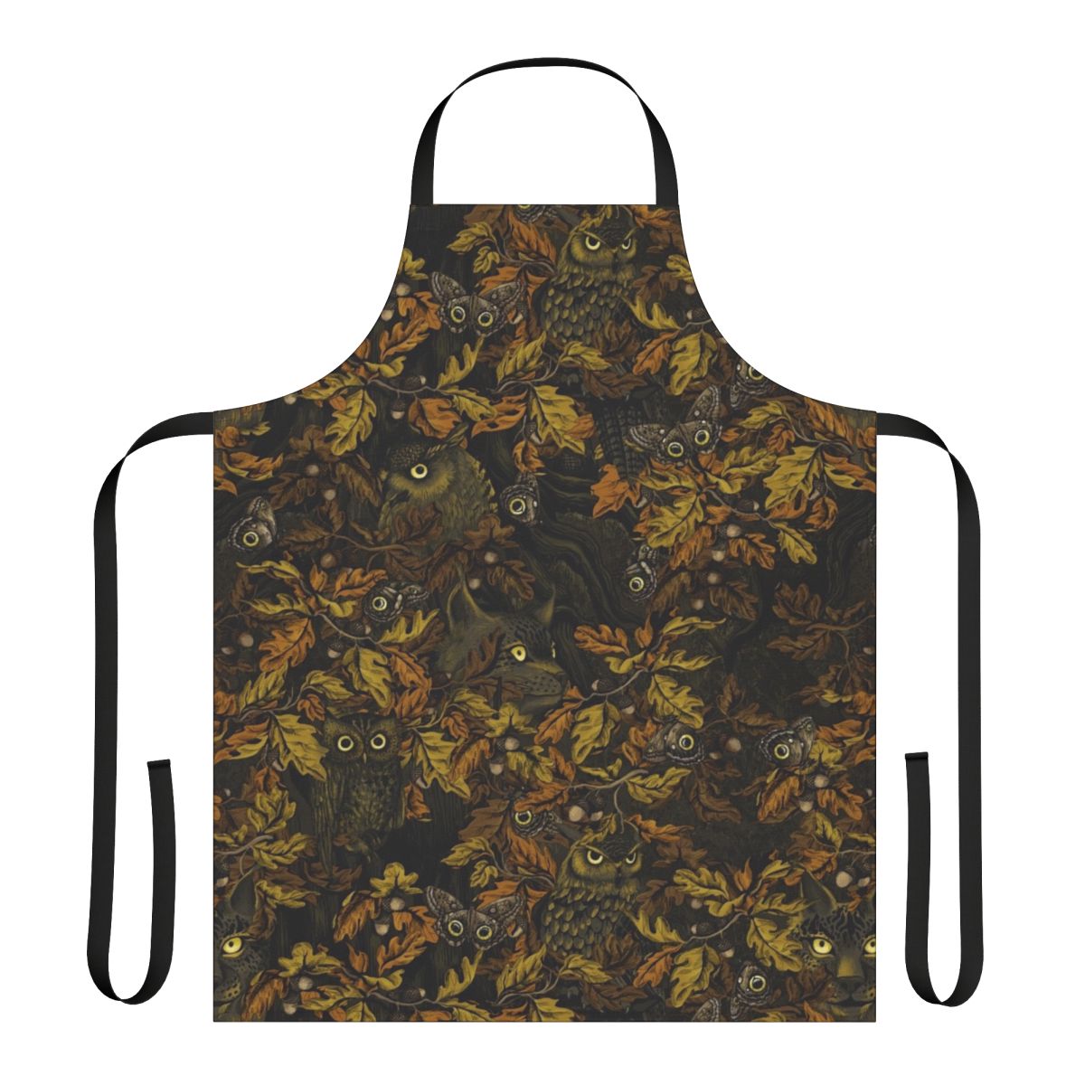 A rustic, nature-inspired apron featuring a camouflage pattern with autumn leaves, owls, and other forest elements.