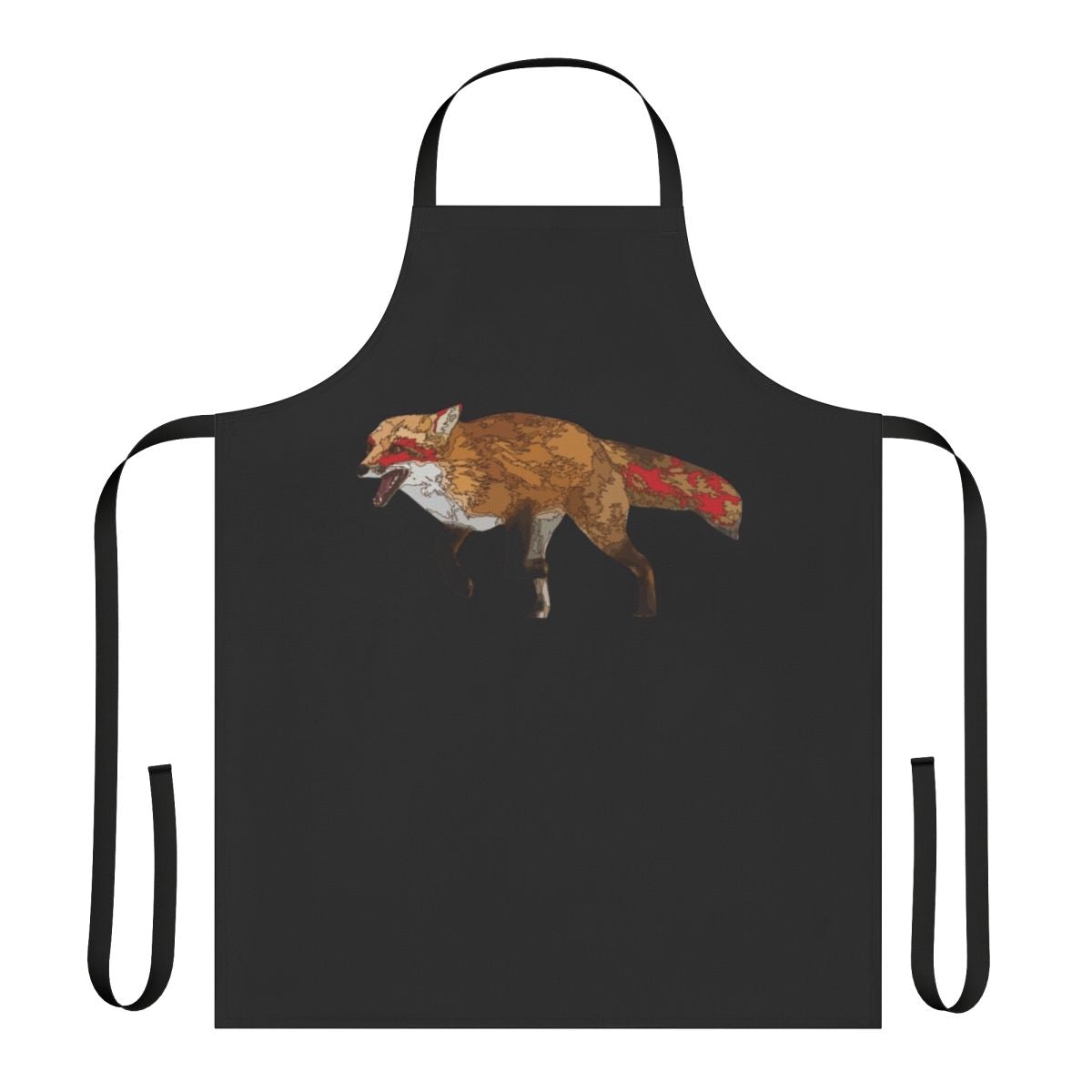 Apron featuring a vibrant illustration of a red fox, or kitsune, in an autumn setting.