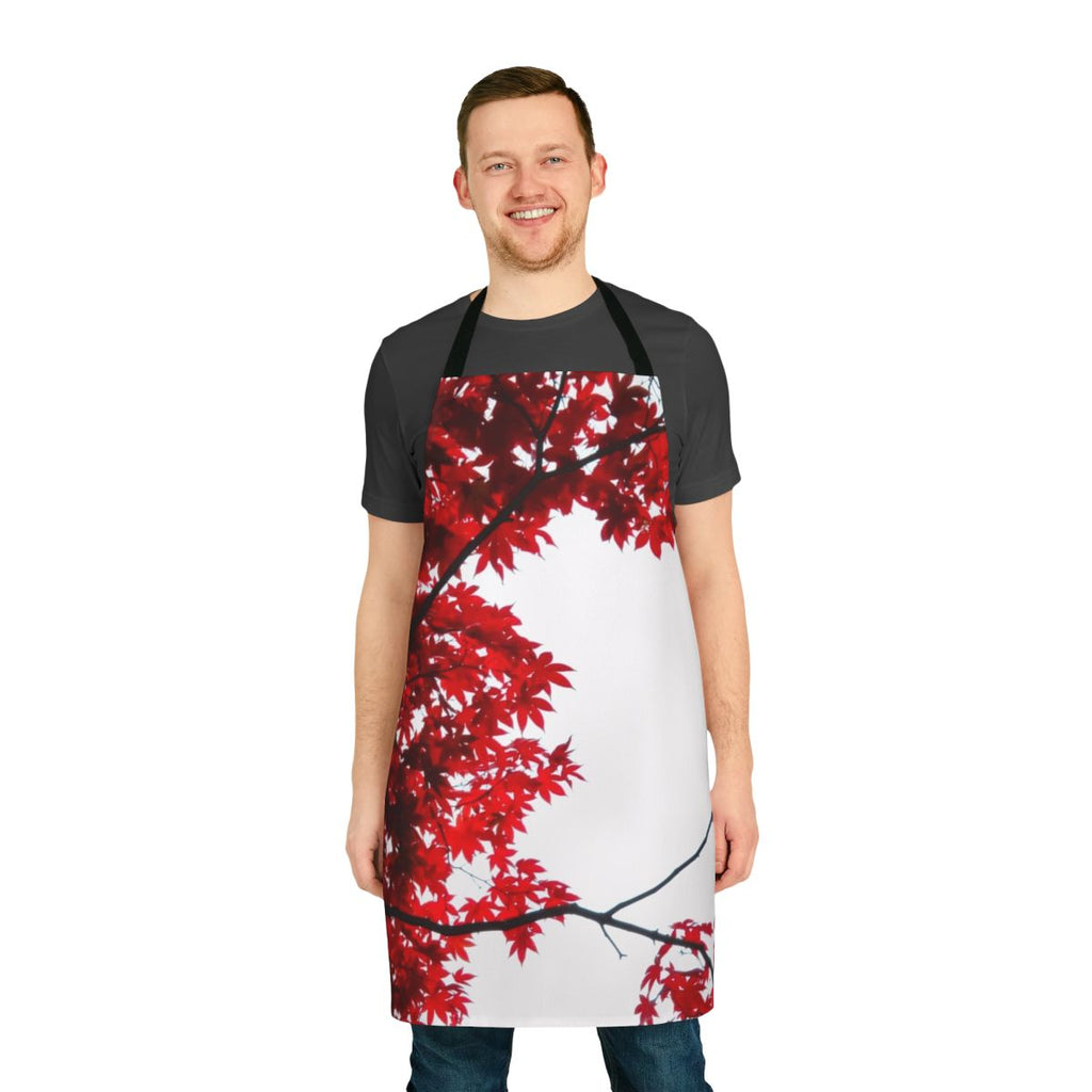 Autumn maple leaf design apron featuring vibrant red and green leaves