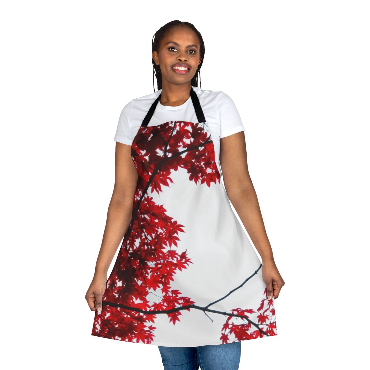Autumn maple leaf design apron featuring vibrant red and green leaves