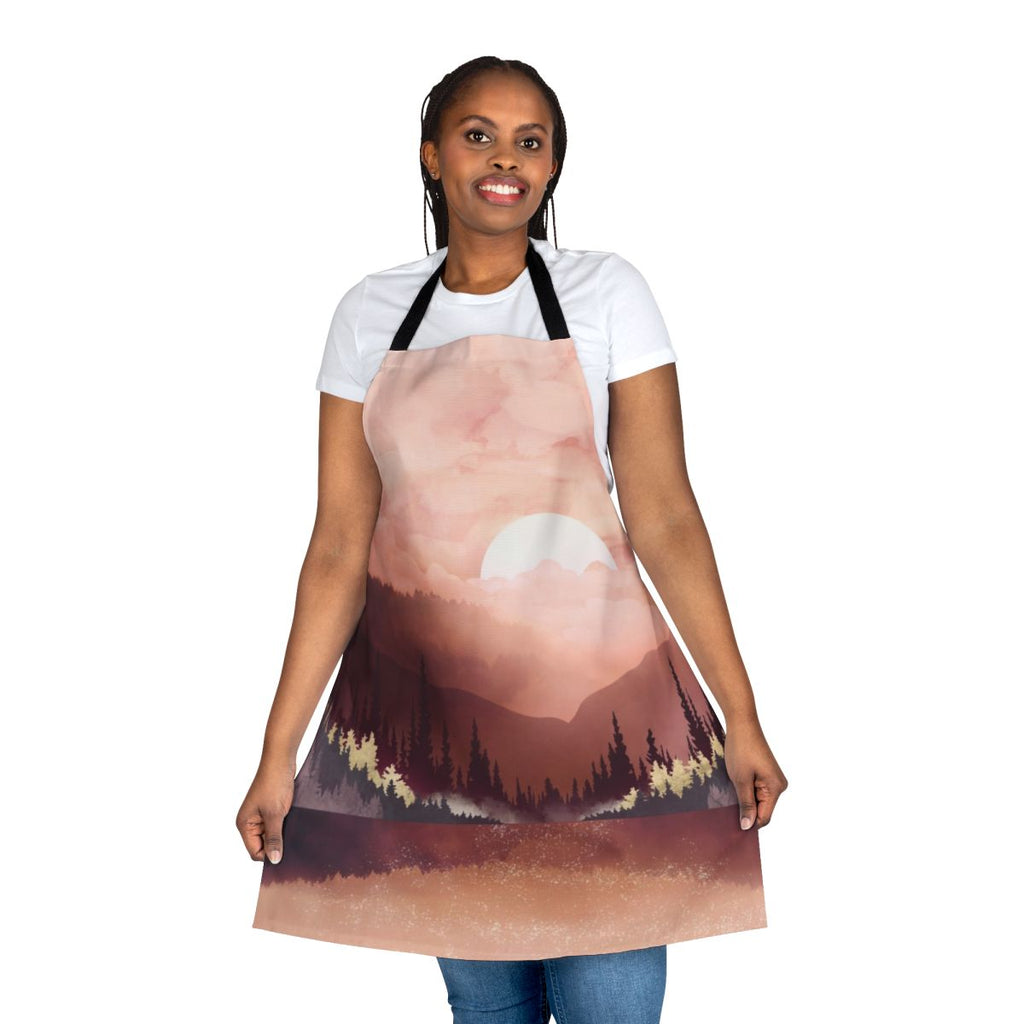 Autumn-themed apron with a reflection design of nature elements like mountains, trees, and water