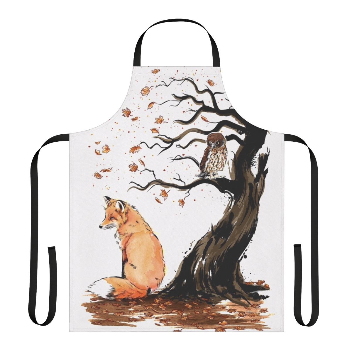 Vibrant watercolor painting of a red fox, owls, and autumn leaves on a high-quality, durable apron