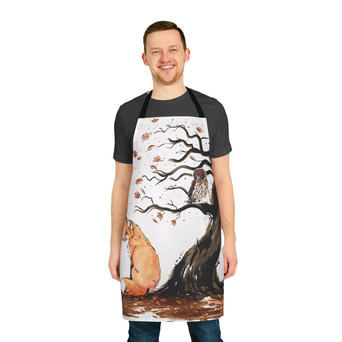 Vibrant watercolor painting of a red fox, owls, and autumn leaves on a high-quality, durable apron