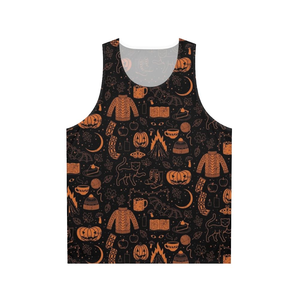 Autumn Nights Halloween Unisex Tank Top featuring pumpkin, black cat, and bat designs