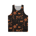 Autumn Nights Halloween Unisex Tank Top featuring pumpkin, black cat, and bat designs