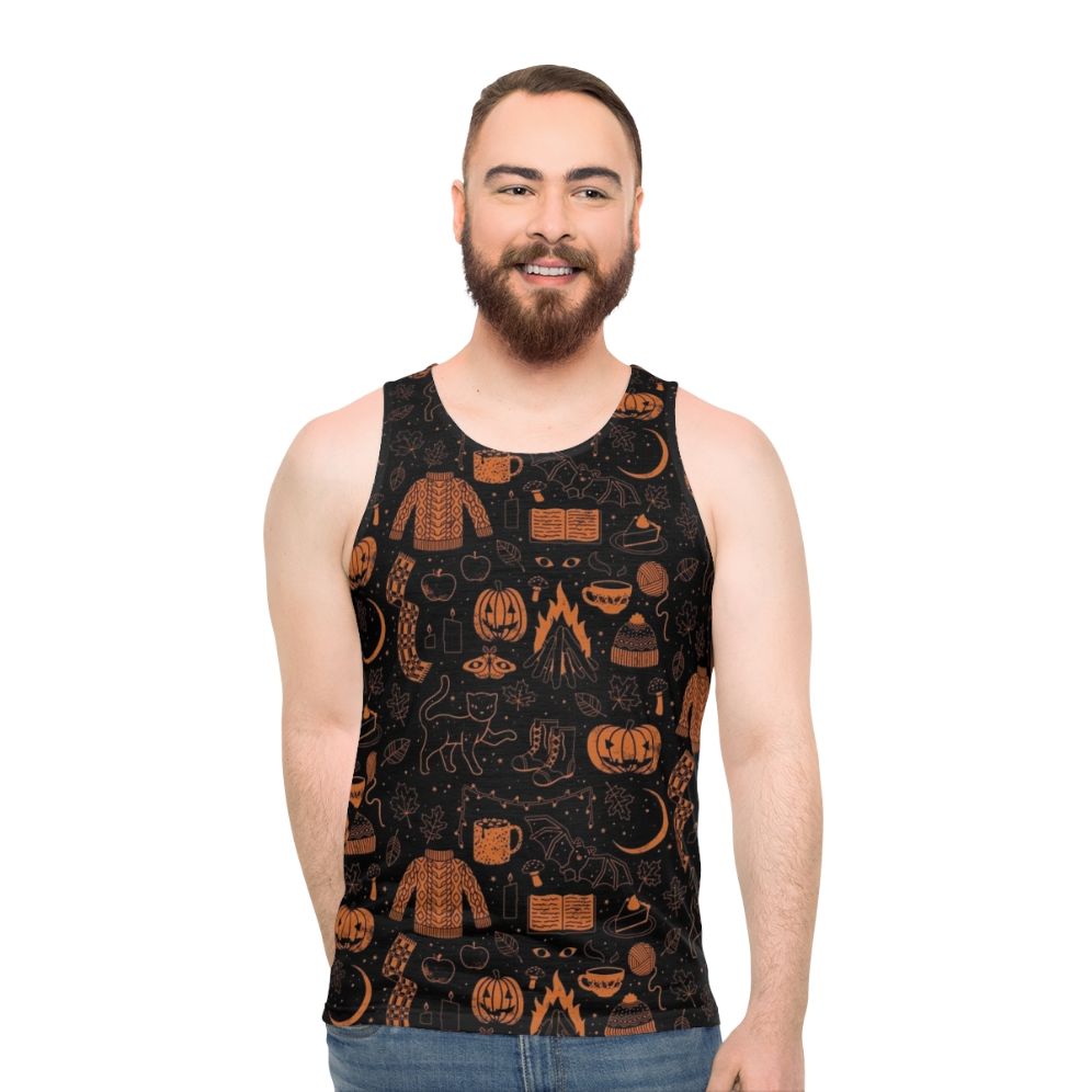 Autumn Nights Halloween Unisex Tank Top featuring pumpkin, black cat, and bat designs