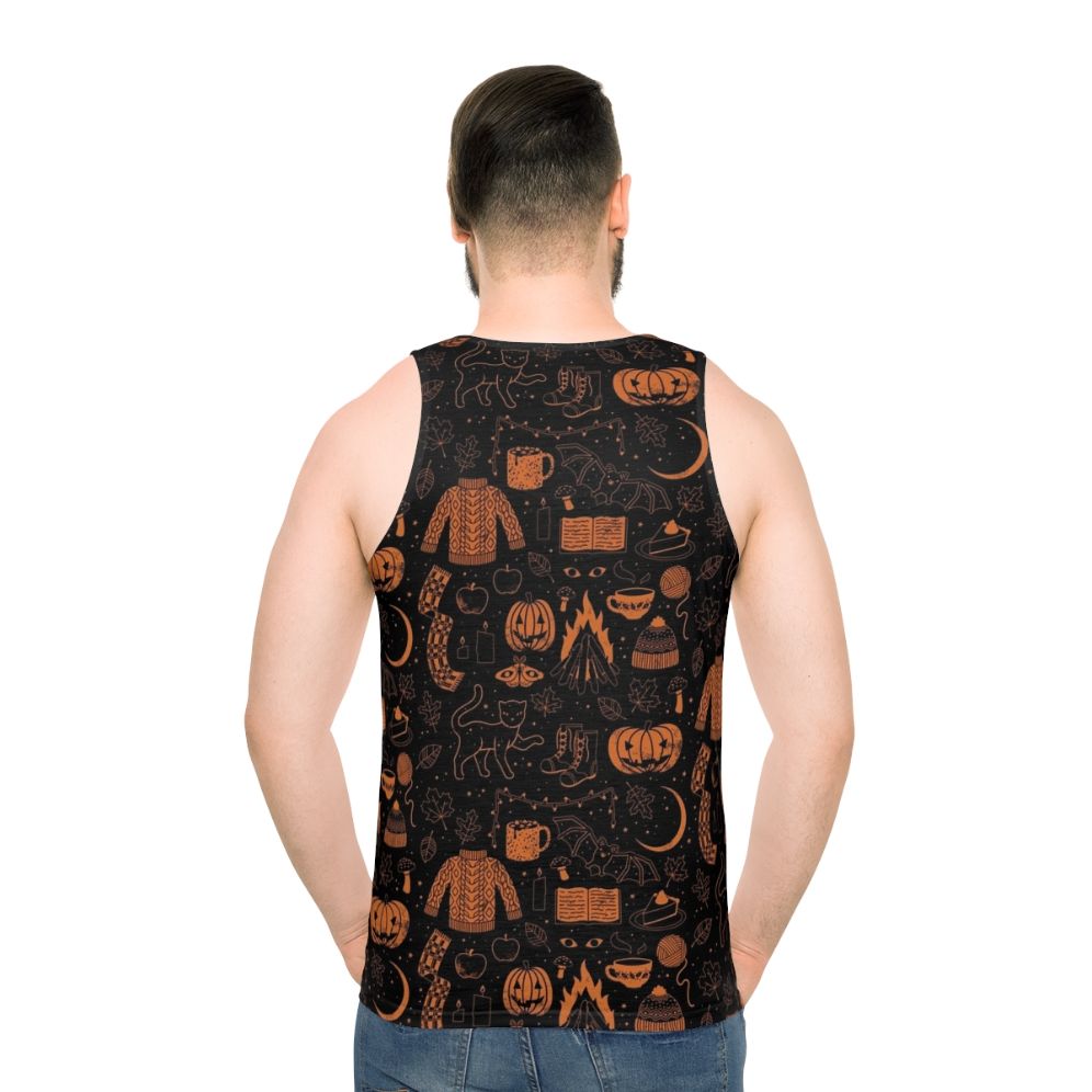 Autumn Nights Halloween Unisex Tank Top featuring pumpkin, black cat, and bat designs