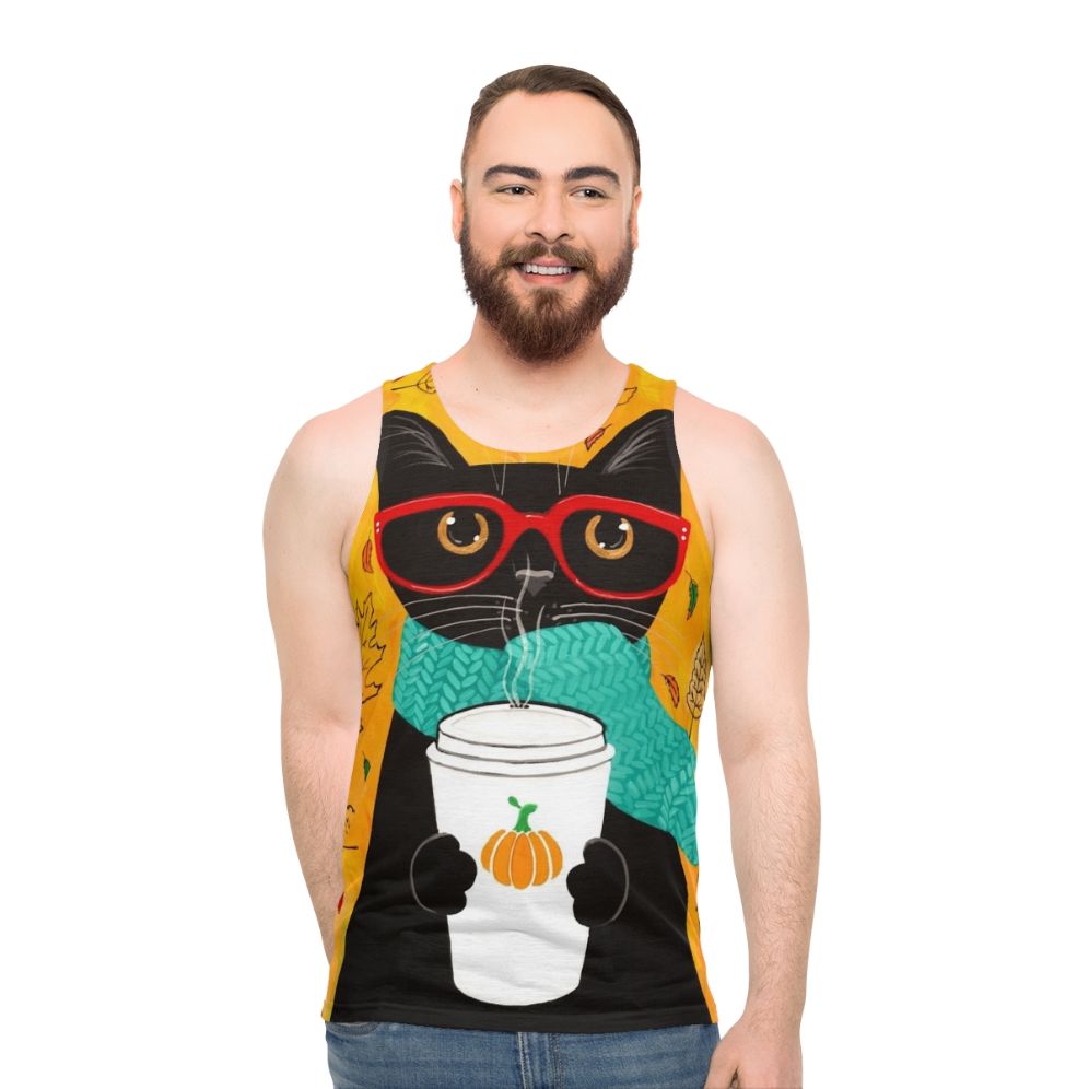 Autumn pumpkin coffee cat unisex tank top