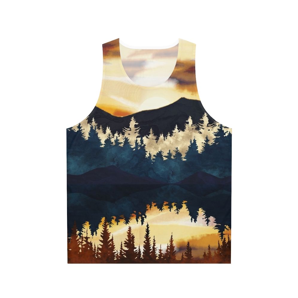 Autumn sunset unisex tank top with abstract watercolor landscape design
