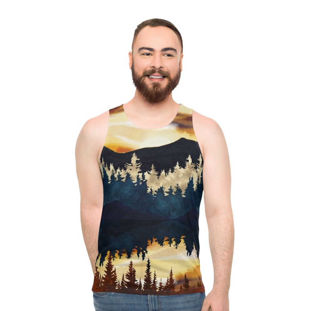 Autumn sunset unisex tank top with abstract watercolor landscape design