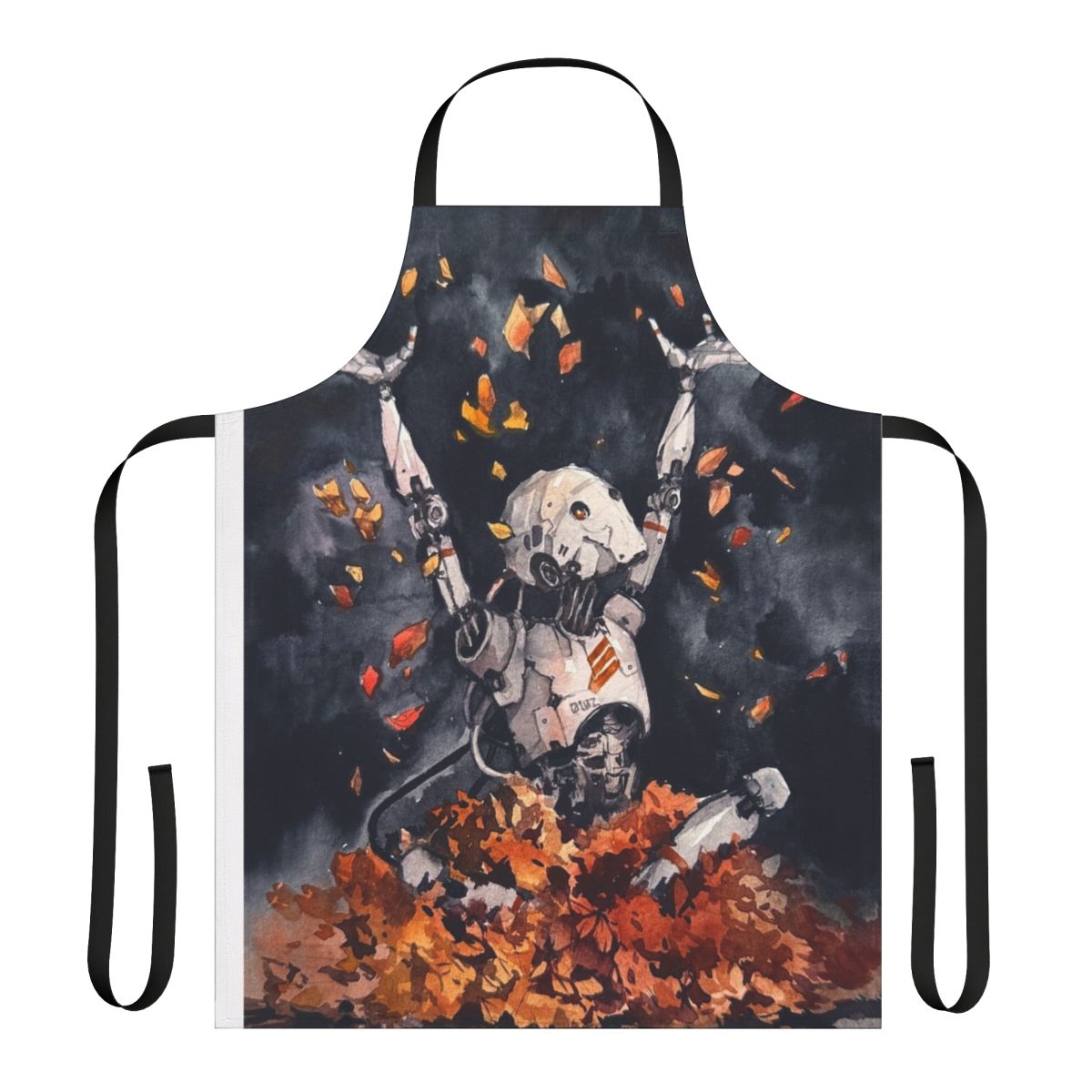 Autumn-themed fun apron with a sci-fi watercolor design, featuring robots, leaves, and nature elements.