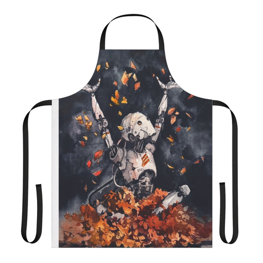 Autumn-themed fun apron with a sci-fi watercolor design, featuring robots, leaves, and nature elements.