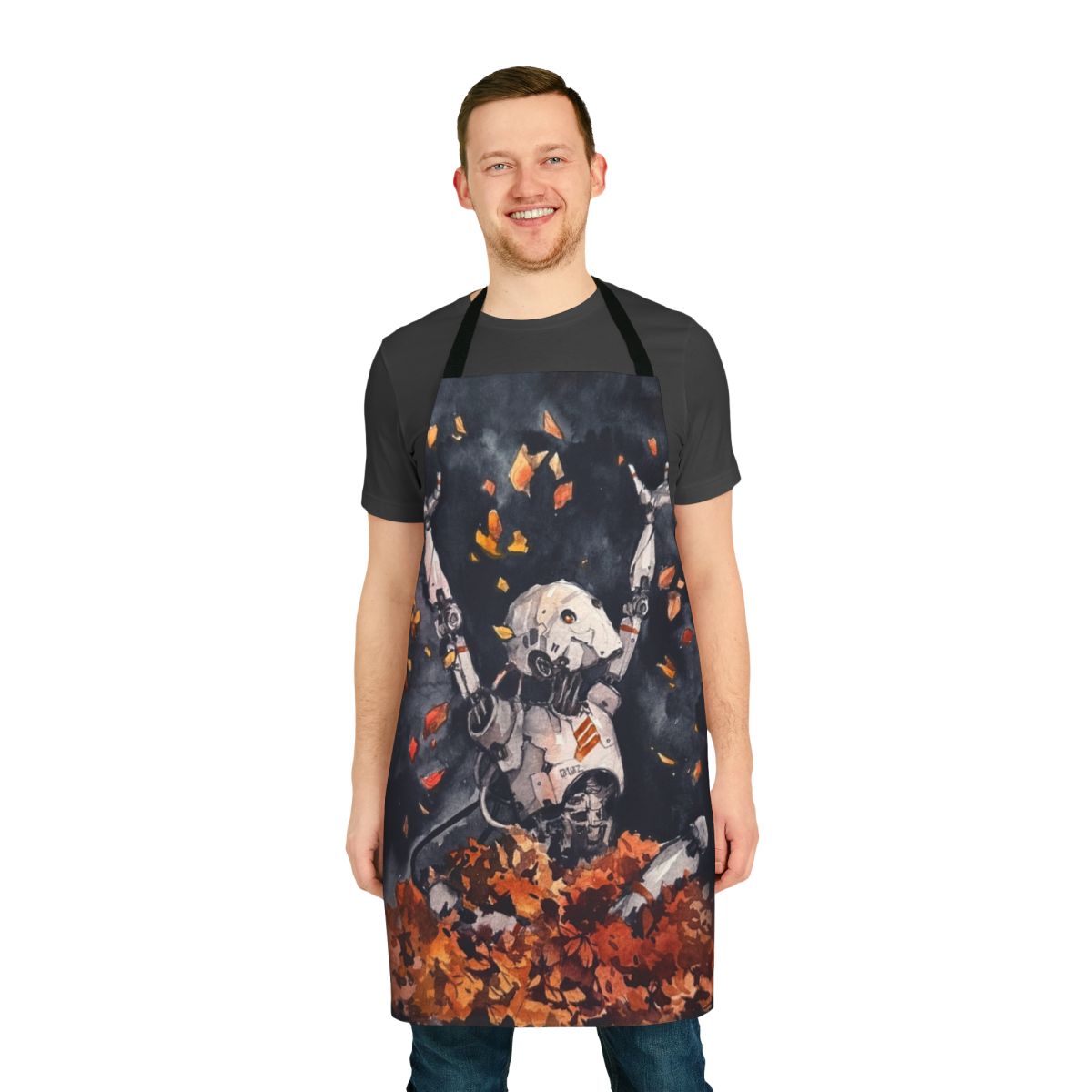 Autumn-themed fun apron with a sci-fi watercolor design, featuring robots, leaves, and nature elements.