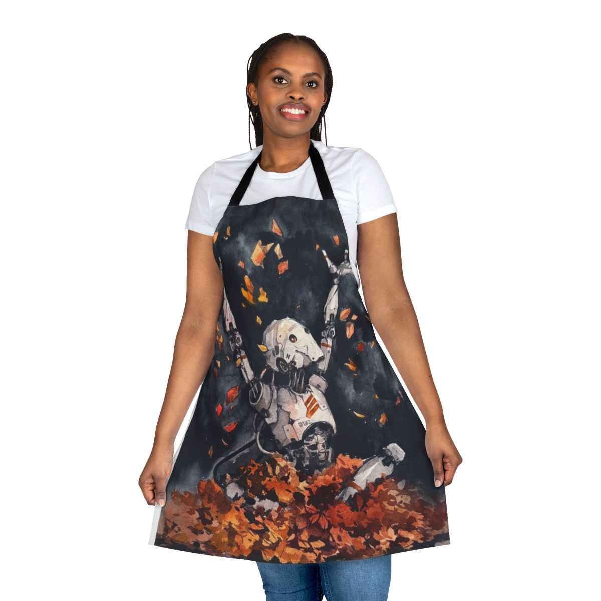 Autumn-themed fun apron with a sci-fi watercolor design, featuring robots, leaves, and nature elements.