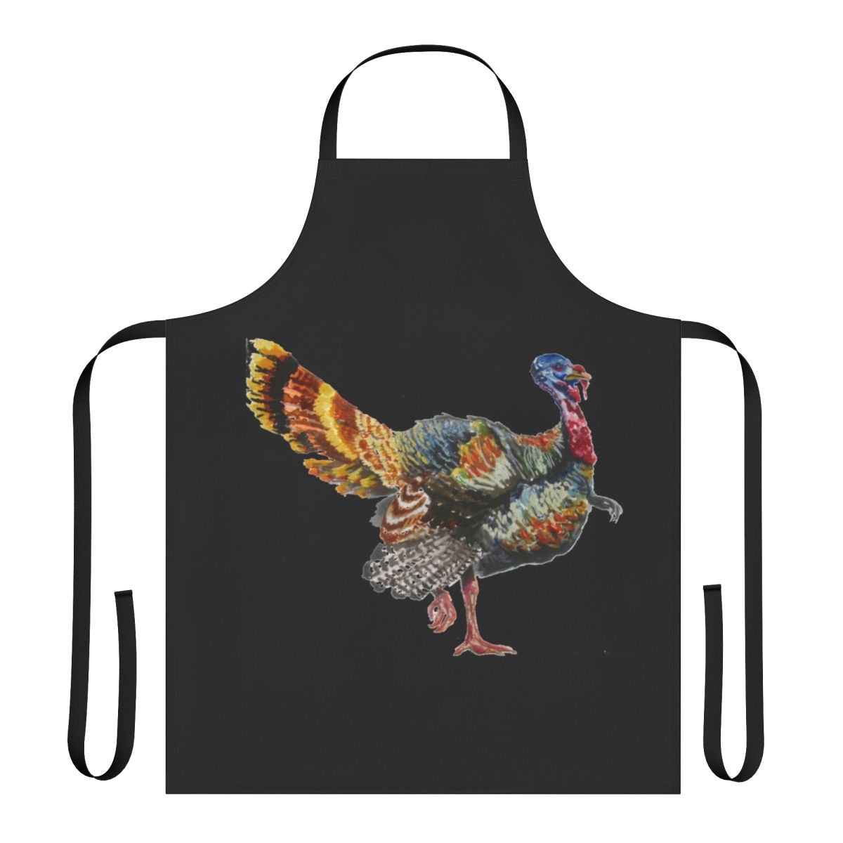 Vibrant watercolor painting of a turkey's plumage featured on a high-quality fabric apron.