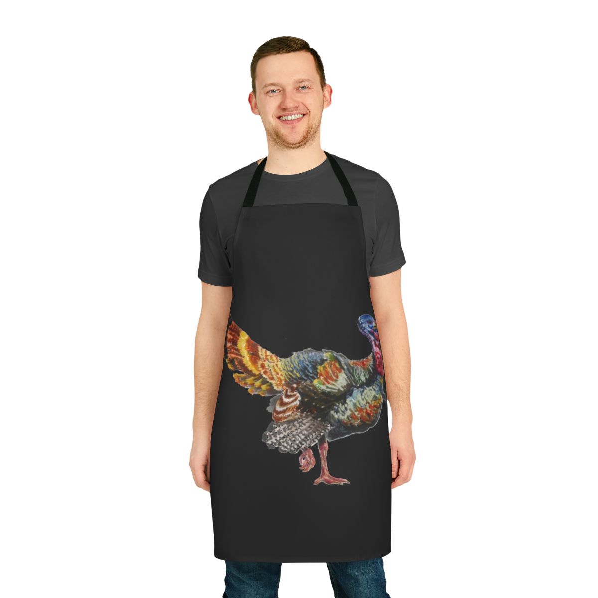 Vibrant watercolor painting of a turkey's plumage featured on a high-quality fabric apron.