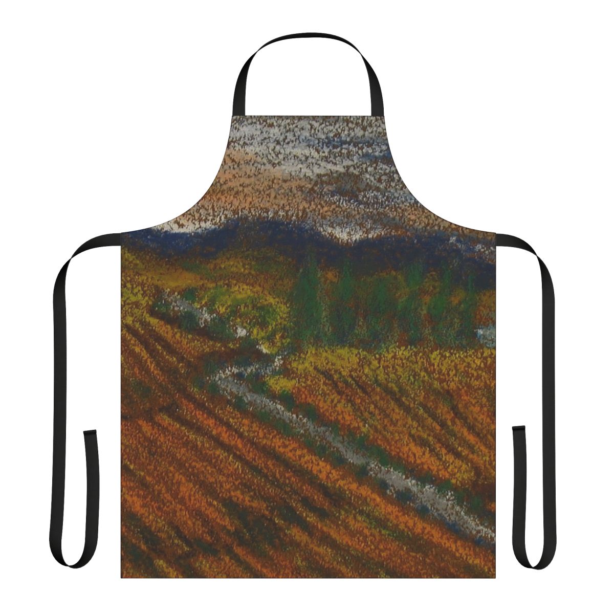 Autumn landscape apron featuring a winery and vineyards in a valley