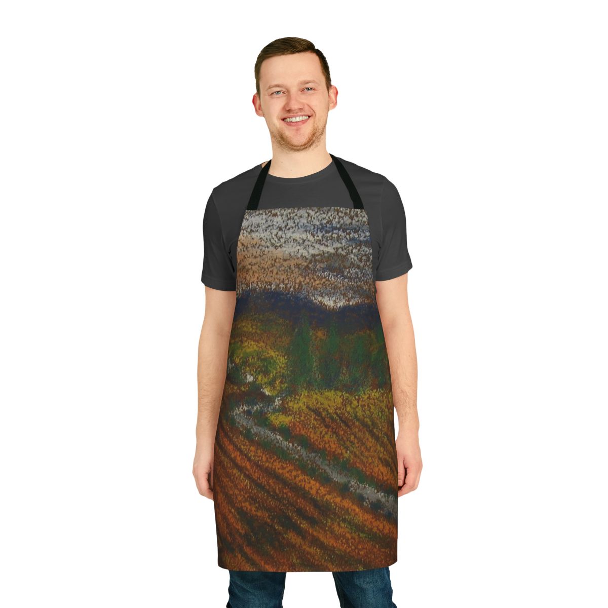 Autumn landscape apron featuring a winery and vineyards in a valley