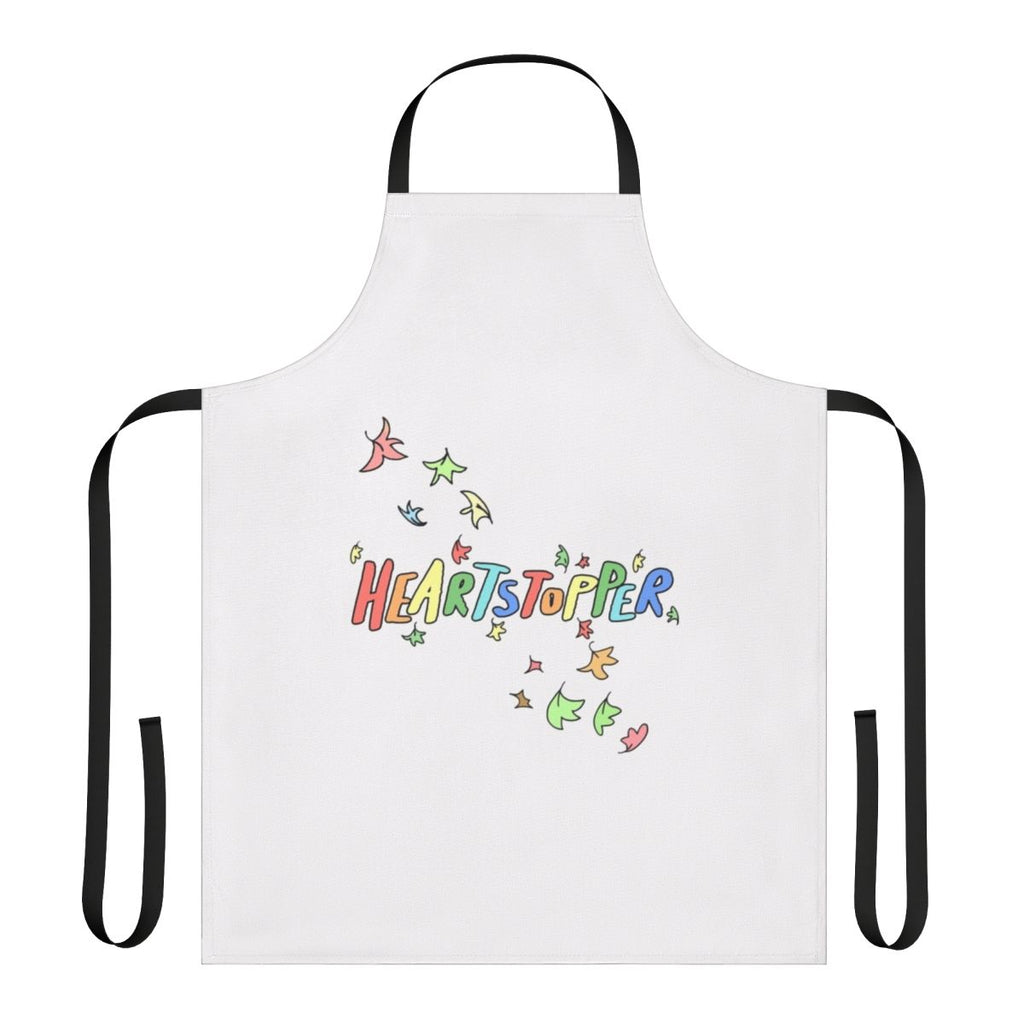A high-quality kitchen apron featuring an autumnal, leaf-themed design inspired by the LGBTQ+ webcomic series "Heartstopper".
