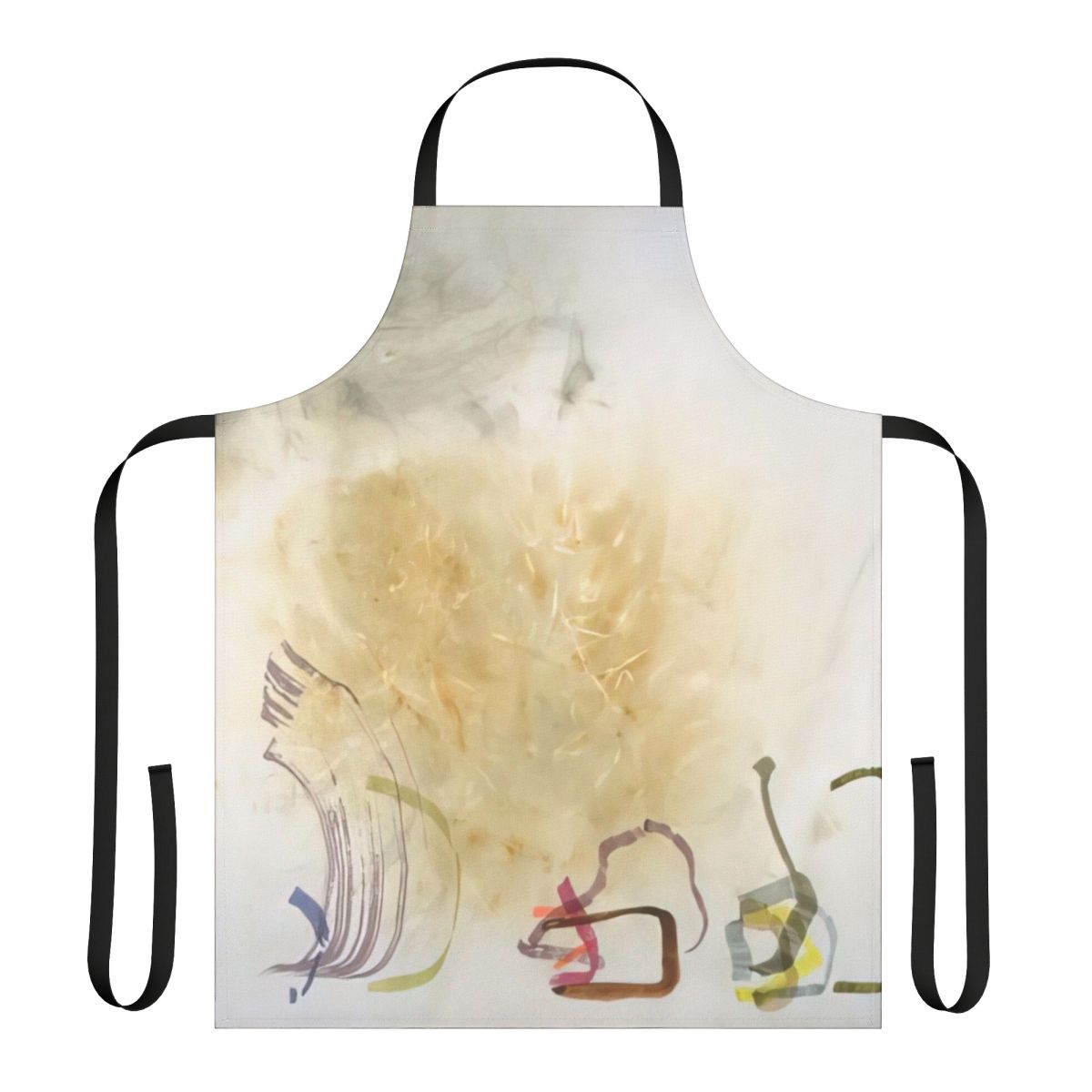 Avant-garde inspired apron featuring elements from John Cage's musical compositions and conceptual art.