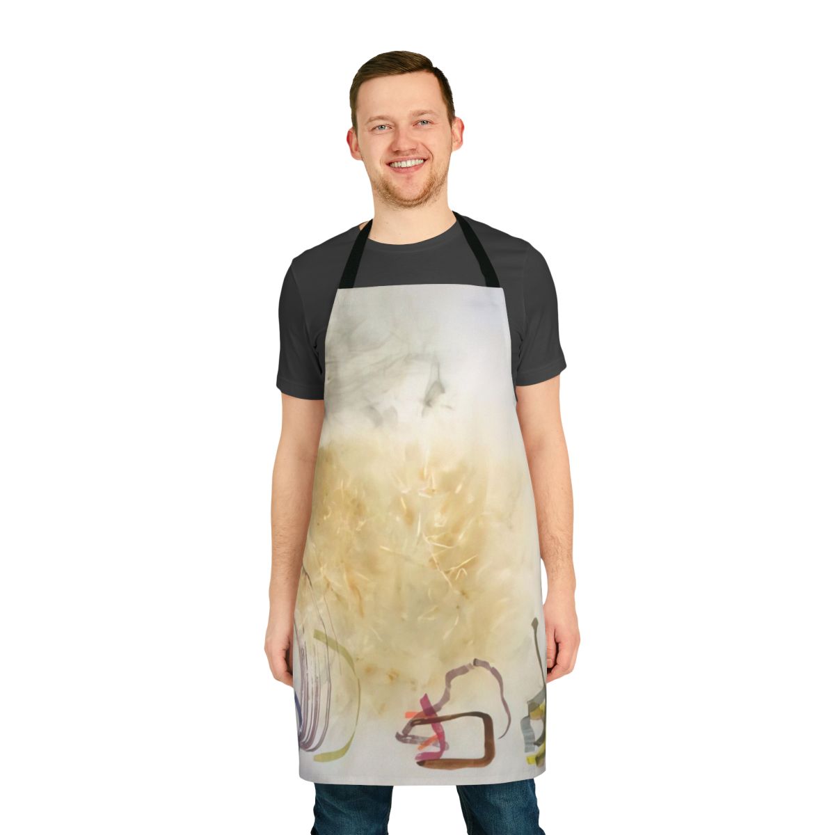 Avant-garde inspired apron featuring elements from John Cage's musical compositions and conceptual art.