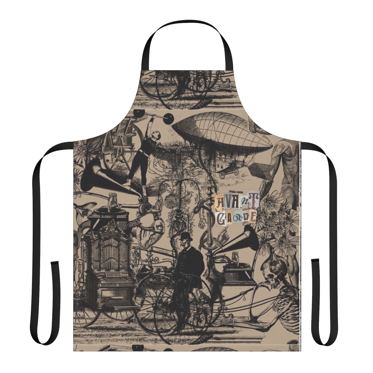 Avant-garde music inspired apron with collage, surreal, and abstract elements