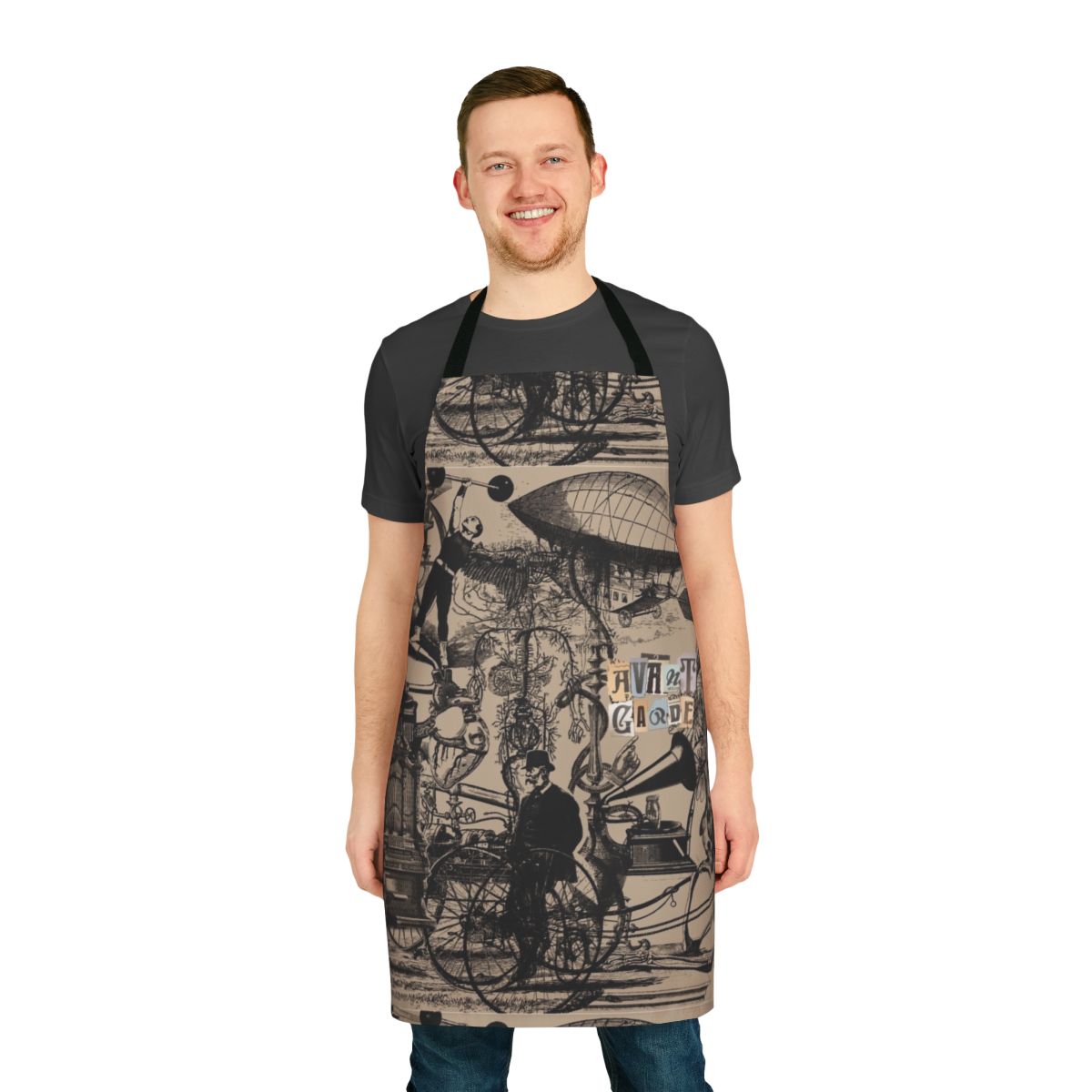 Avant-garde music inspired apron with collage, surreal, and abstract elements