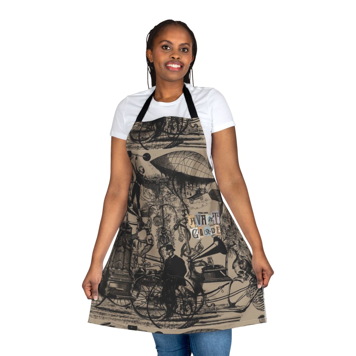 Avant-garde music inspired apron with collage, surreal, and abstract elements