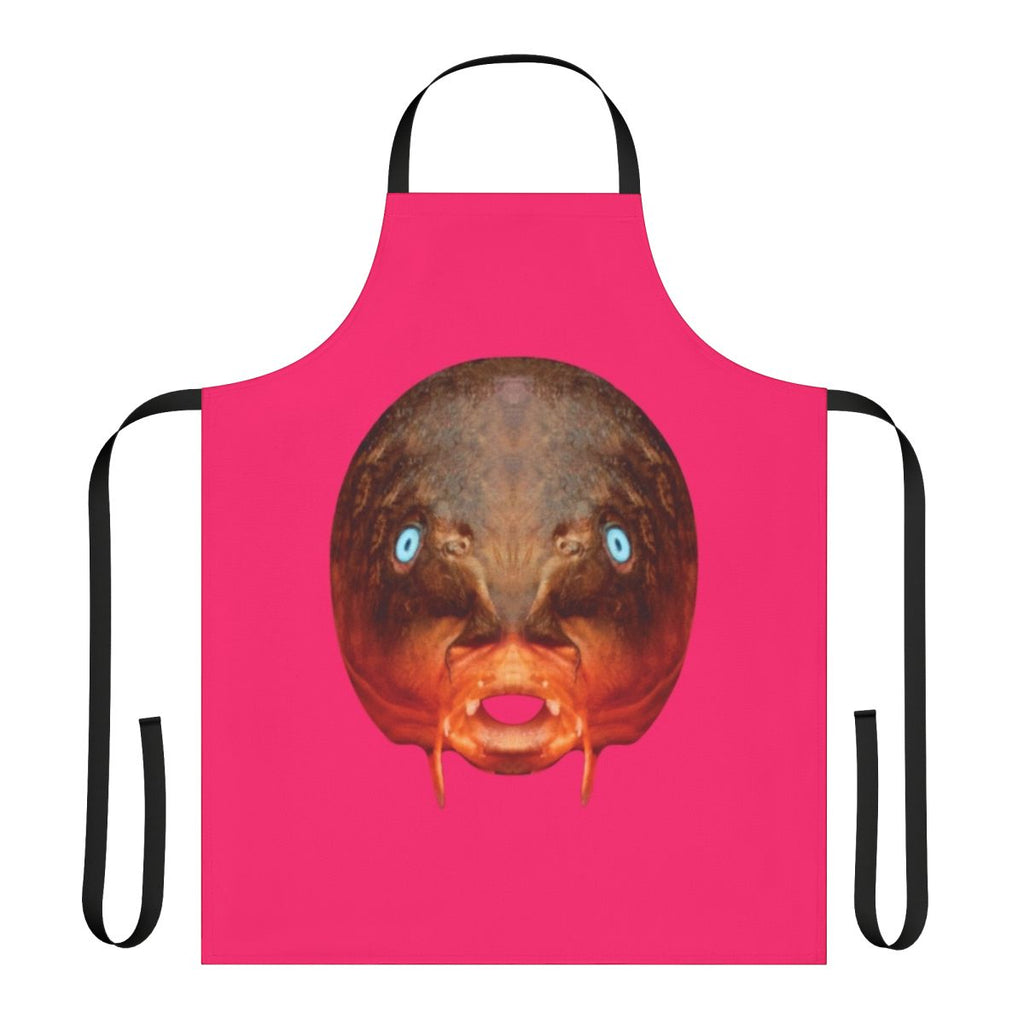 Avant-garde kitchen apron featuring a surreal trout mask replica design, inspired by the experimental music of Captain Beefheart and the Magic Band.