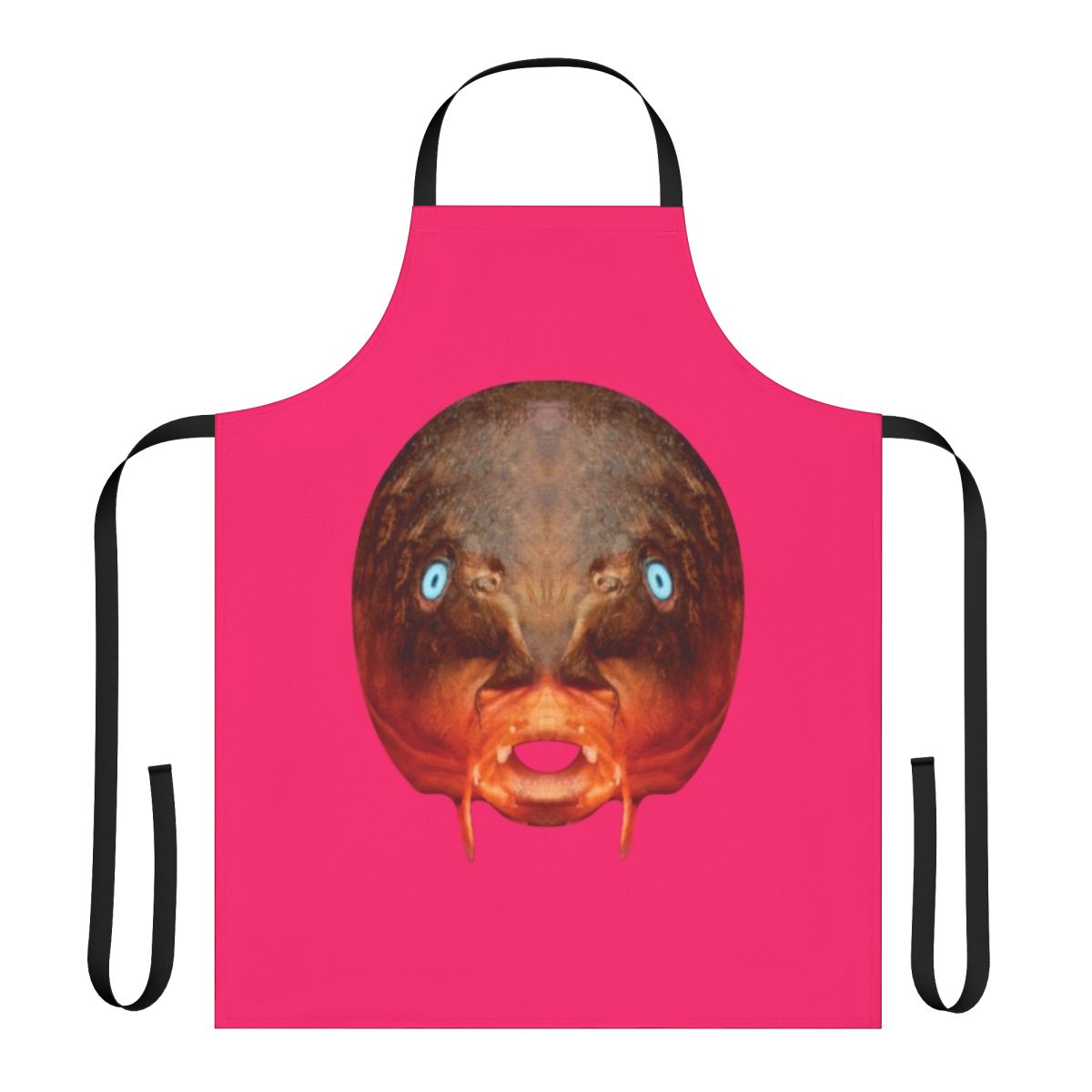 Avant-garde kitchen apron featuring a surreal trout mask replica design, inspired by the experimental music of Captain Beefheart and the Magic Band.