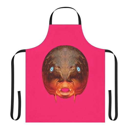 Avant-garde kitchen apron featuring a surreal trout mask replica design, inspired by the experimental music of Captain Beefheart and the Magic Band.