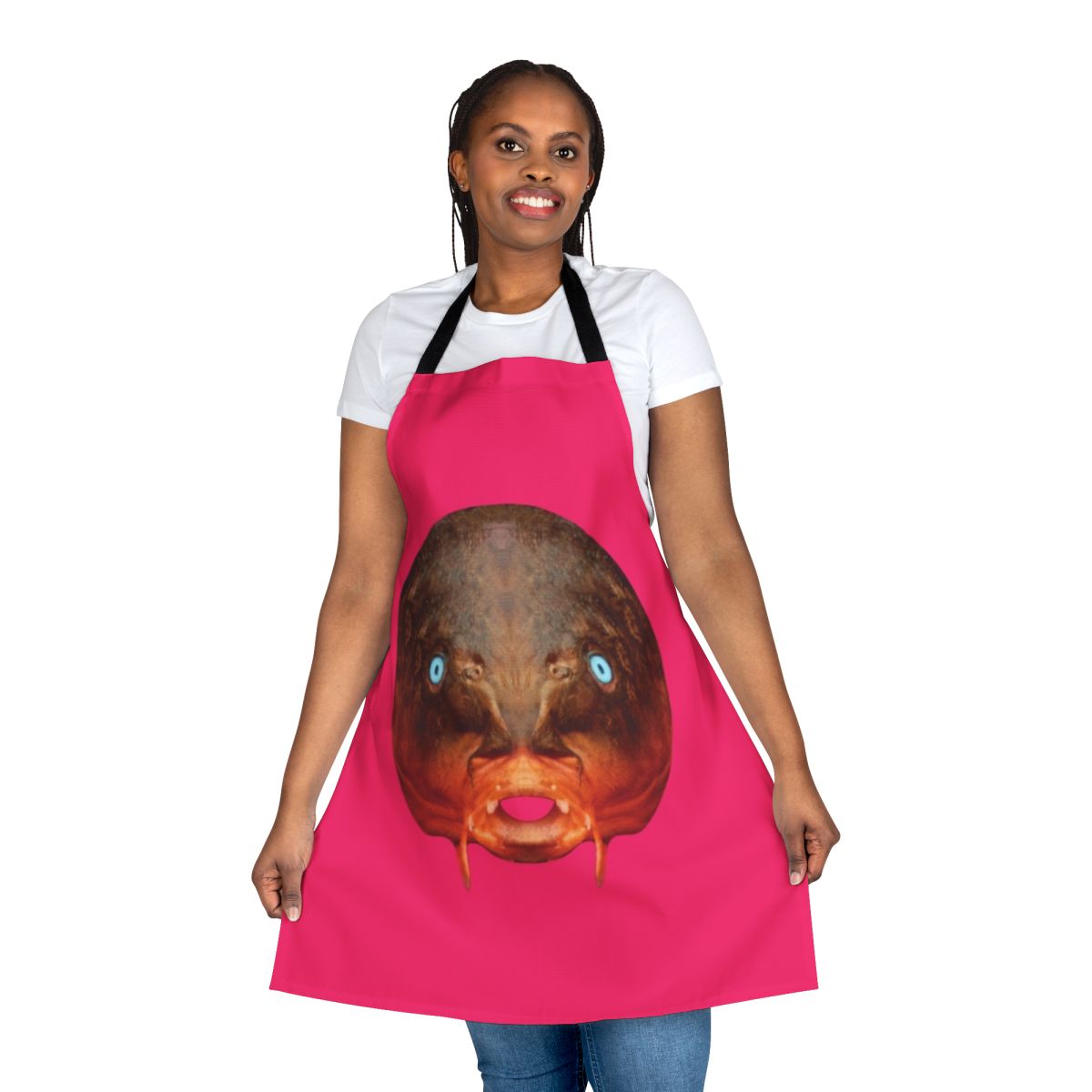 Avant-garde kitchen apron featuring a surreal trout mask replica design, inspired by the experimental music of Captain Beefheart and the Magic Band.