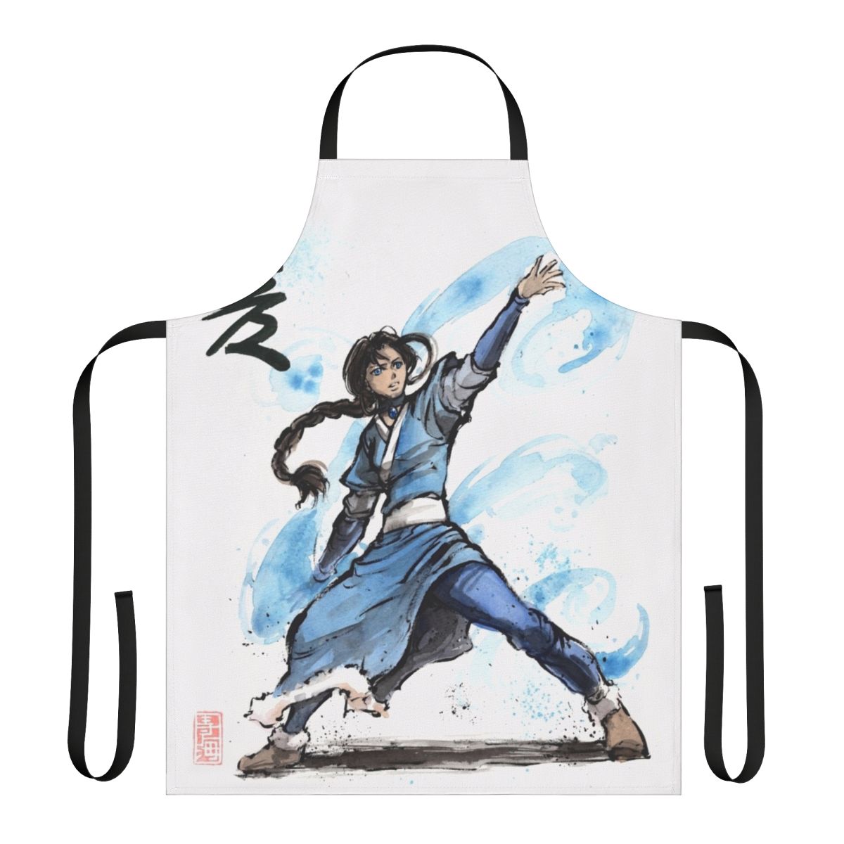 Handmade apron featuring a watercolor artwork of Katara, the waterbender from the Avatar TV series.