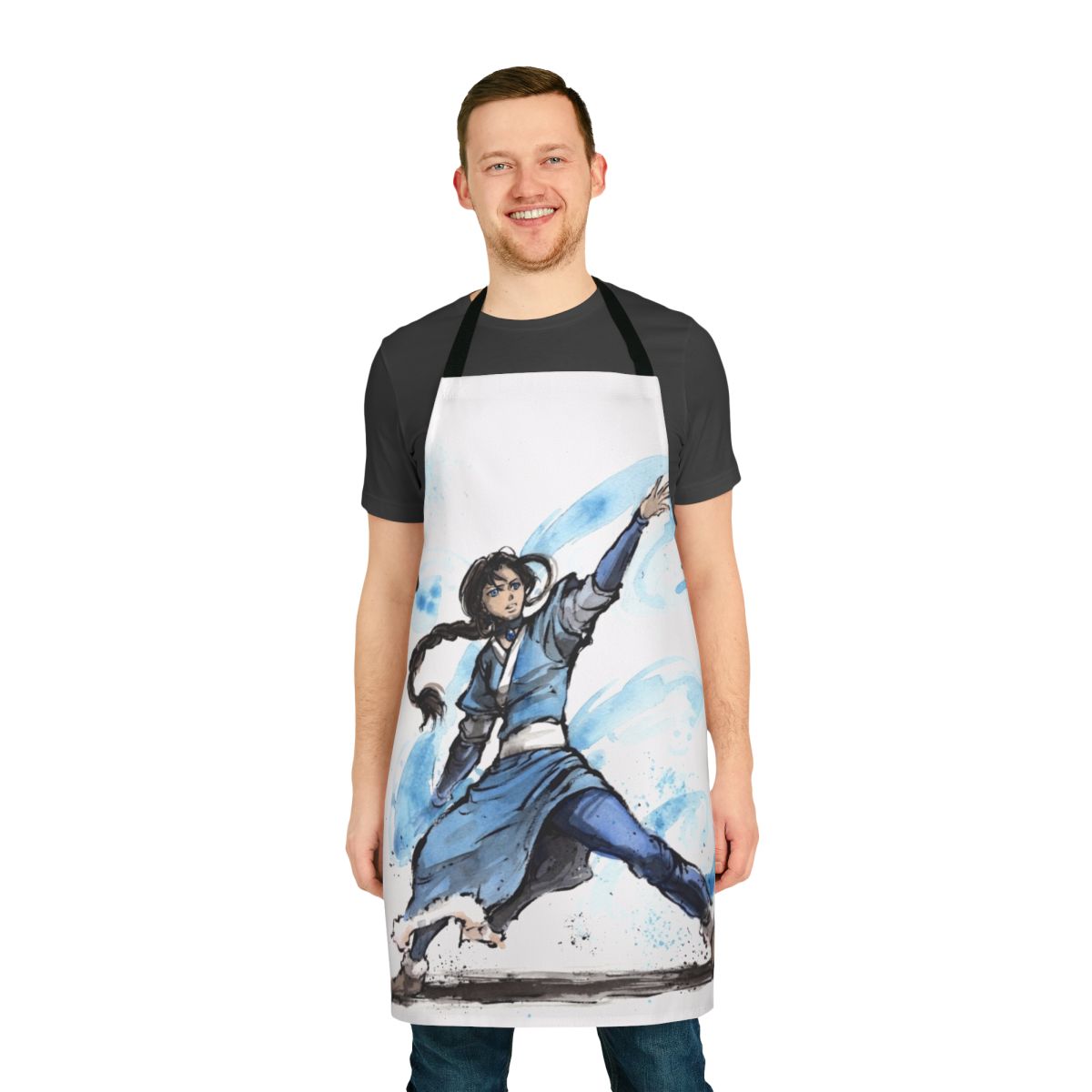 Handmade apron featuring a watercolor artwork of Katara, the waterbender from the Avatar TV series.