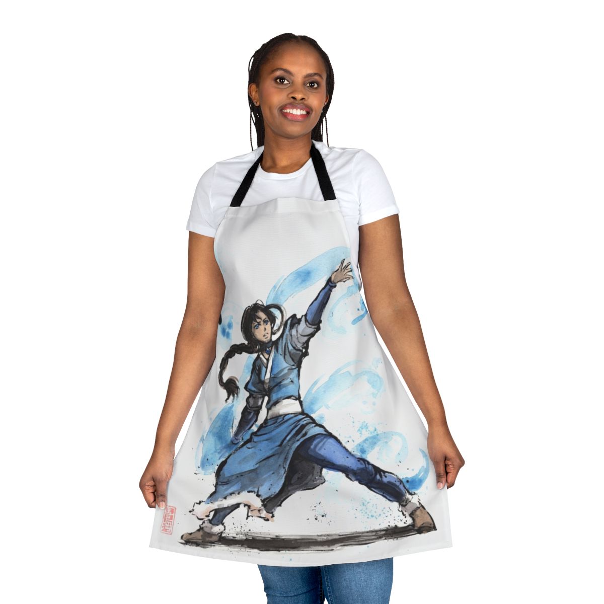 Handmade apron featuring a watercolor artwork of Katara, the waterbender from the Avatar TV series.